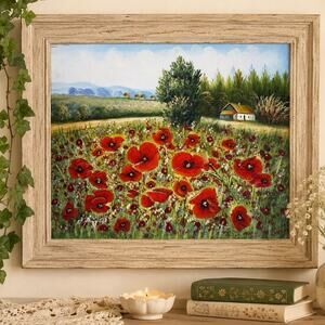 Original Field Of Poppies Hand Painted Scenic Country Landscape Impasto 20x24